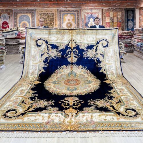 9'x12' Handmade Silk Rug Blue French Royal Style Living Room Carpet TJ491A