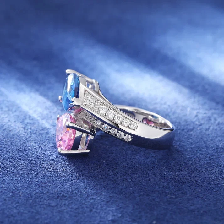 5Ct Pear Simulated Blue & Pink Sapphire/CZ Bypass Women Ring 14k White Gold Over - Image 4 of 4