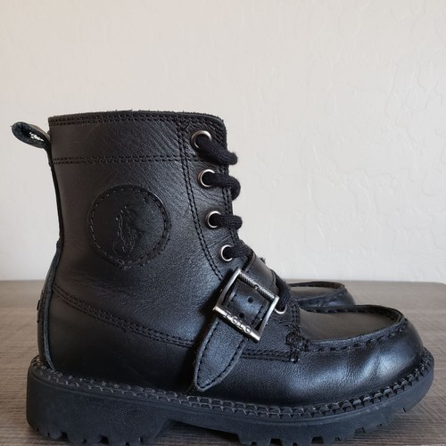 Polo Ralph Lauren Leather Ranger Hi II Combat Boot Moto Black Size Kids Boy's 12