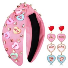 Valentine  s Day Headband for Women Love Heart Headbands Jeweled Knotted Headband