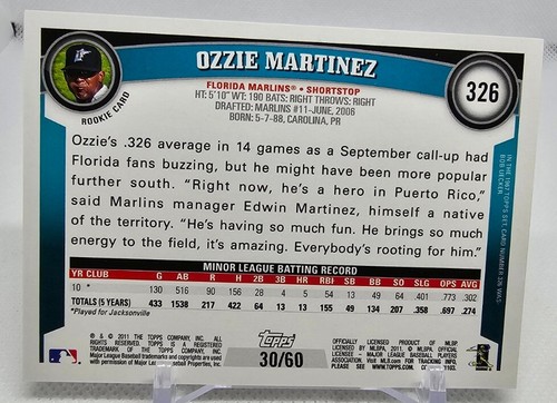 2011 Topps Black /60 Ozzie Martinez #326 Rookie RC Signed Auto Miami Marlins - Picture 7 of 11