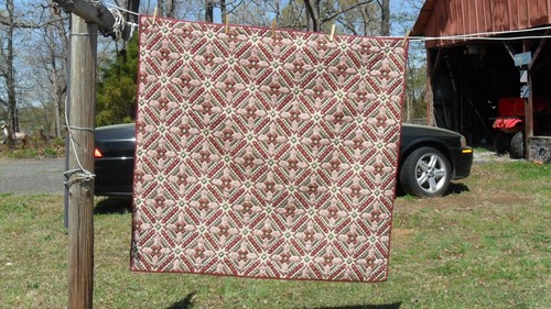 Hand Quilted Burgundy & Forest Green Stars and Diamond Lap Quilt 44" X 46