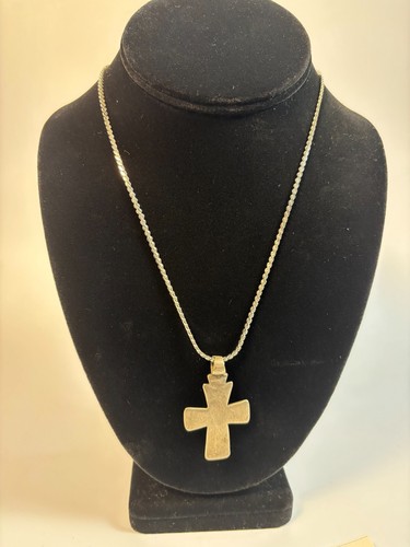 Chunky Vintage Pewter Crucifix Cross Necklace On Silver Tone Chain 16" - Zdjęcie 2 z 9