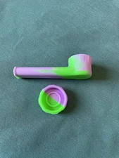 3” Silicone Spoon Tobacco Smoking Pipe with Metal Bowl & Cap Lid Green/ Purple