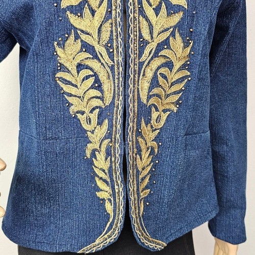 VTG Entice Blazer Navy Jacket Denim Look Gold Embroidered Sz S Artsy Whimsy - Picture 4 of 9