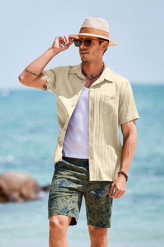 Men's Textured Summer Shirts Casual Button Down Shirt Short Sleeve Beach Shir... - Picture 5 of 6
