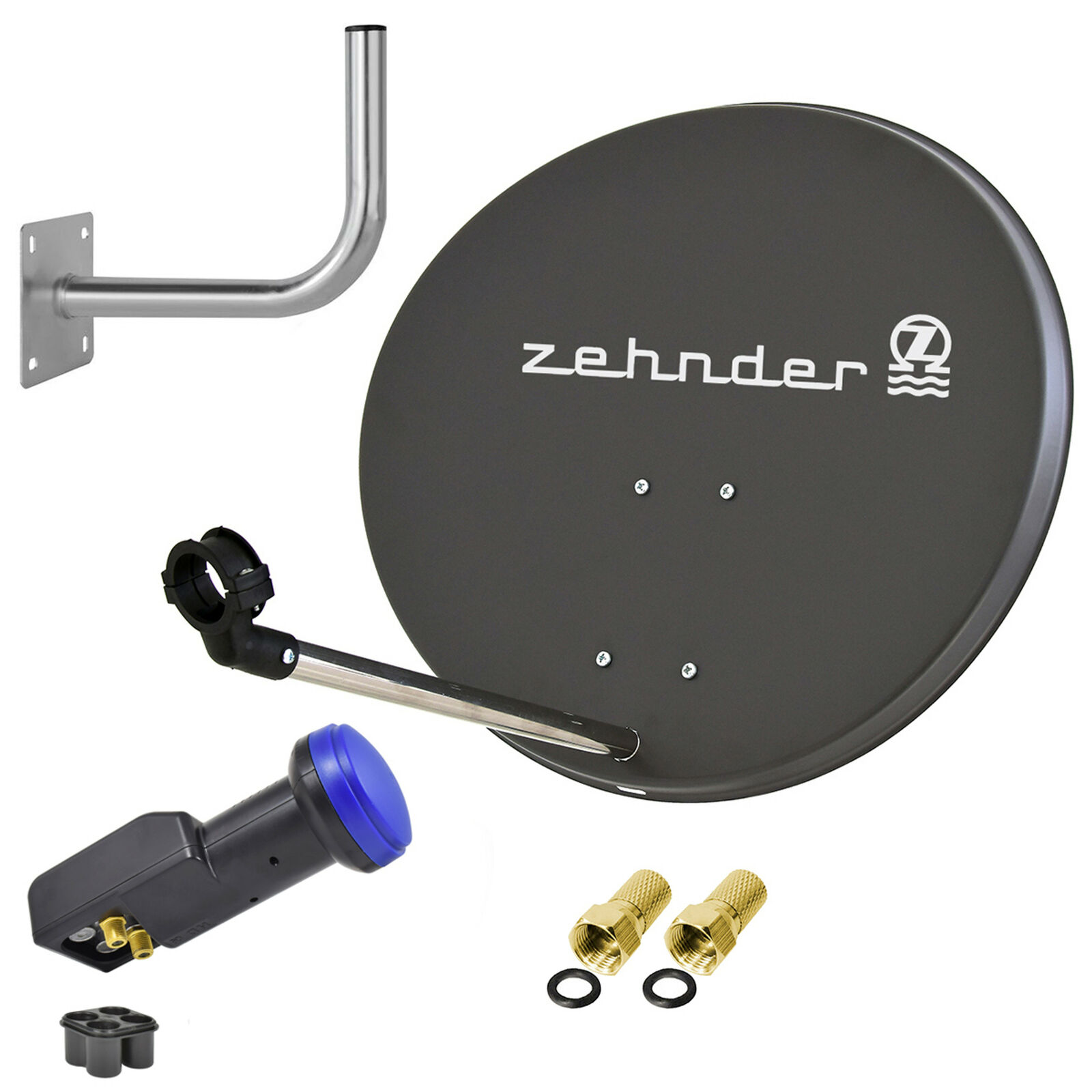 ZEHNDER Digitale Sat Anlage 60 cm Spiegel Twin LNB 0,1 Schüssel Wandhalter grau