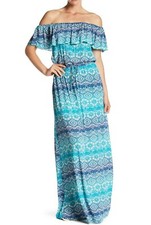 Women's Rayon Knit Printed Off The shoulder Popover Maxi Dress Size M 