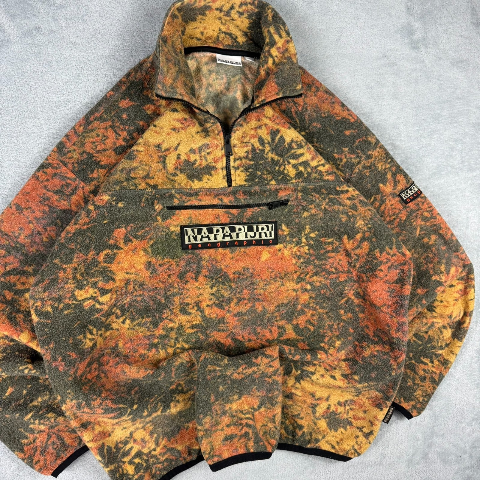 VTG Napapijri Carpino Orange Leaf Camo Oversized Med 1/4 Zip Pullover Sweatshirt image 2