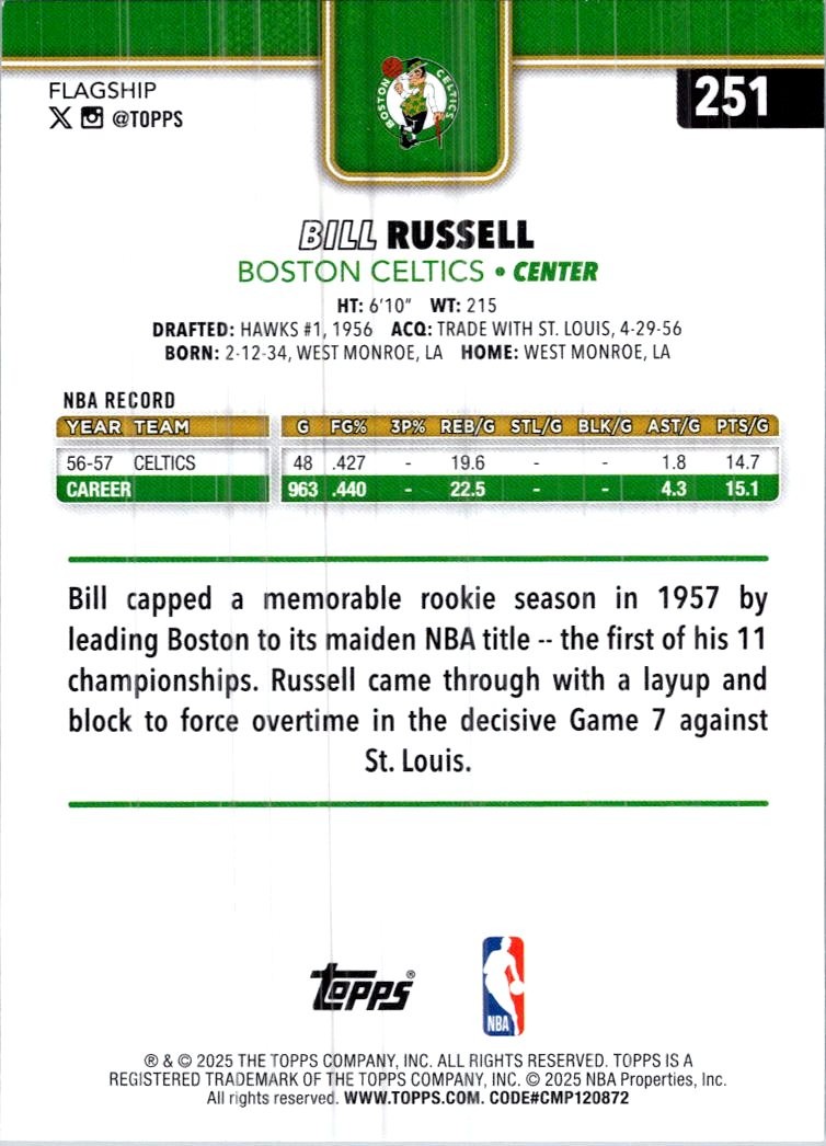 2025-26 TOPPS BASKETBALL #251 Bill Russell | eBay