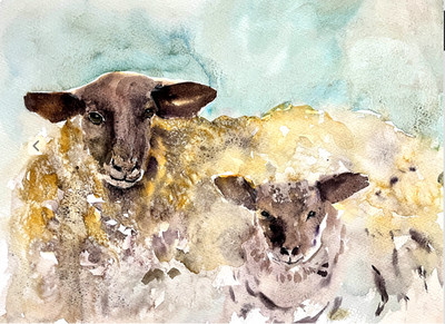 Original Aquarell Kunst Sprin Lämmer Schafe Gemälde Landschaft Bauernhof Tier Kunst