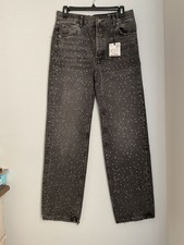 ZARA Women  s Mid Rise Denim Front Buttons Gray Rhinestone Embellished Jeans Sz 2