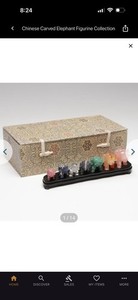 Chinese Carved Stone Elephant Figurine Set w/ Display Stand & Storage Box