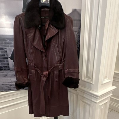 Andrew Marc Burgundy Trench Coat Women L Fur Trim Belted Button Lined Long