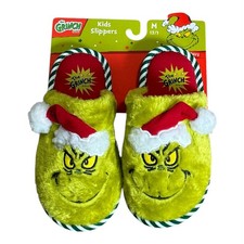 Dr Seuss Grinch Christmas Santa Hat Slippers Slides Kid  s M 13/1 Green