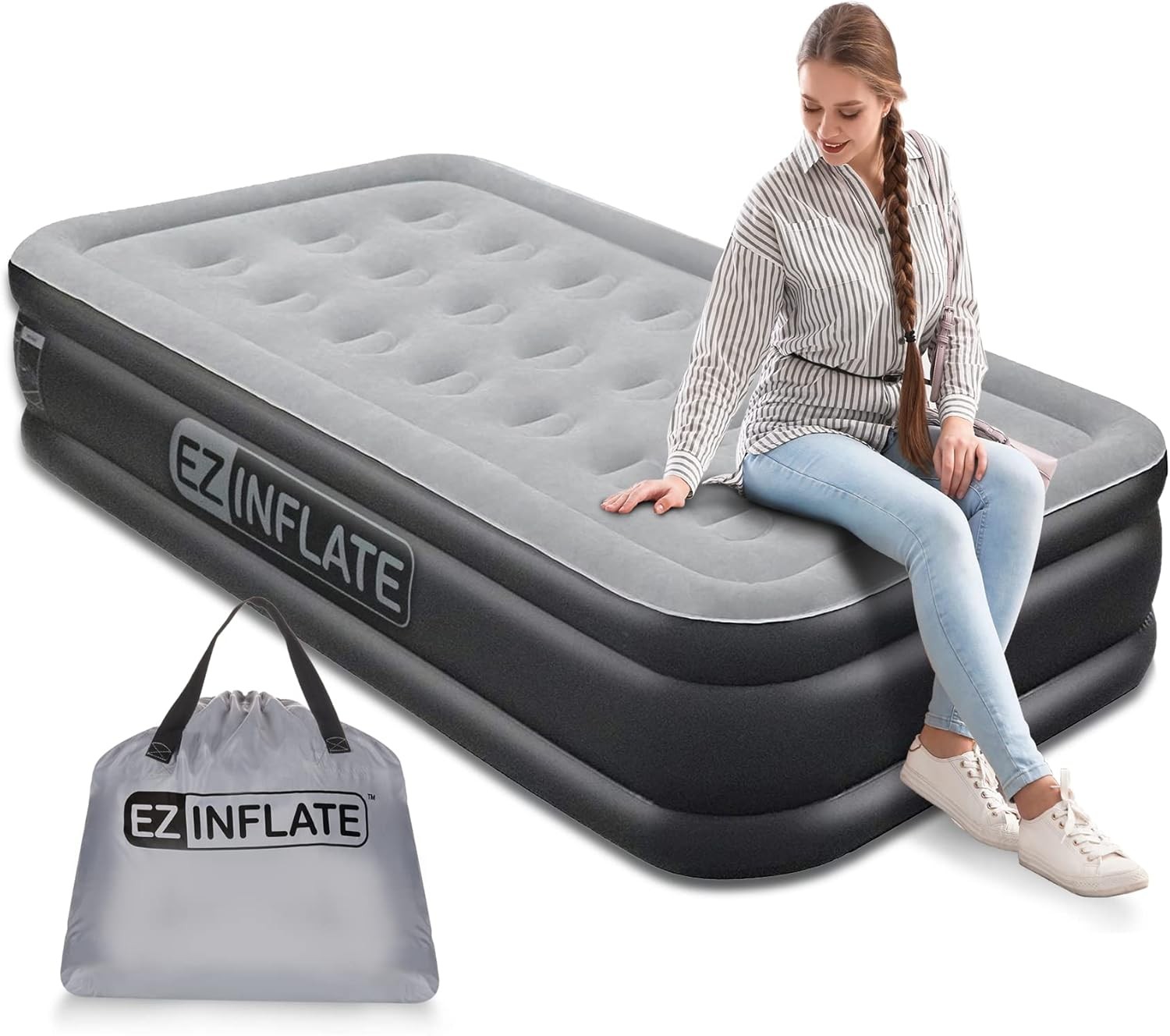 EZ INFLATE Portable Blow Up Air Mattress for Travel/Home, Black & Grey, Twin 16"