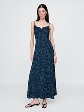 Gap Crepe Lace Trim Sweetheart Maxi Dress Sundress Sz Medium  Navy Ditsy Floral