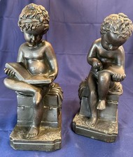 Vintage Boy Girl Bronze Bookend  s Reading  Writing 1950s France