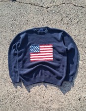 Vintage 90s Polo Ralph Lauren Type American Flag Knit Sweater Mens XL Navy