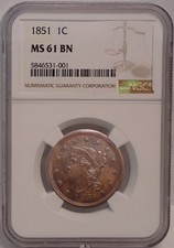 1851 Braided Large Cent NGC MS61BN