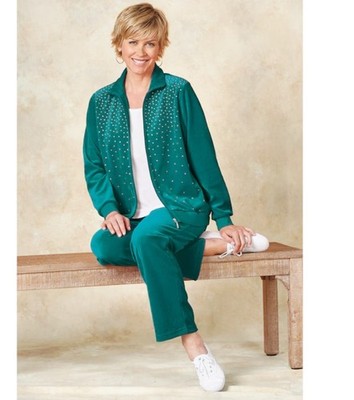 Sz 2X top 1X PLUS bottom Essentials Green Velour Active Studded Pant Set