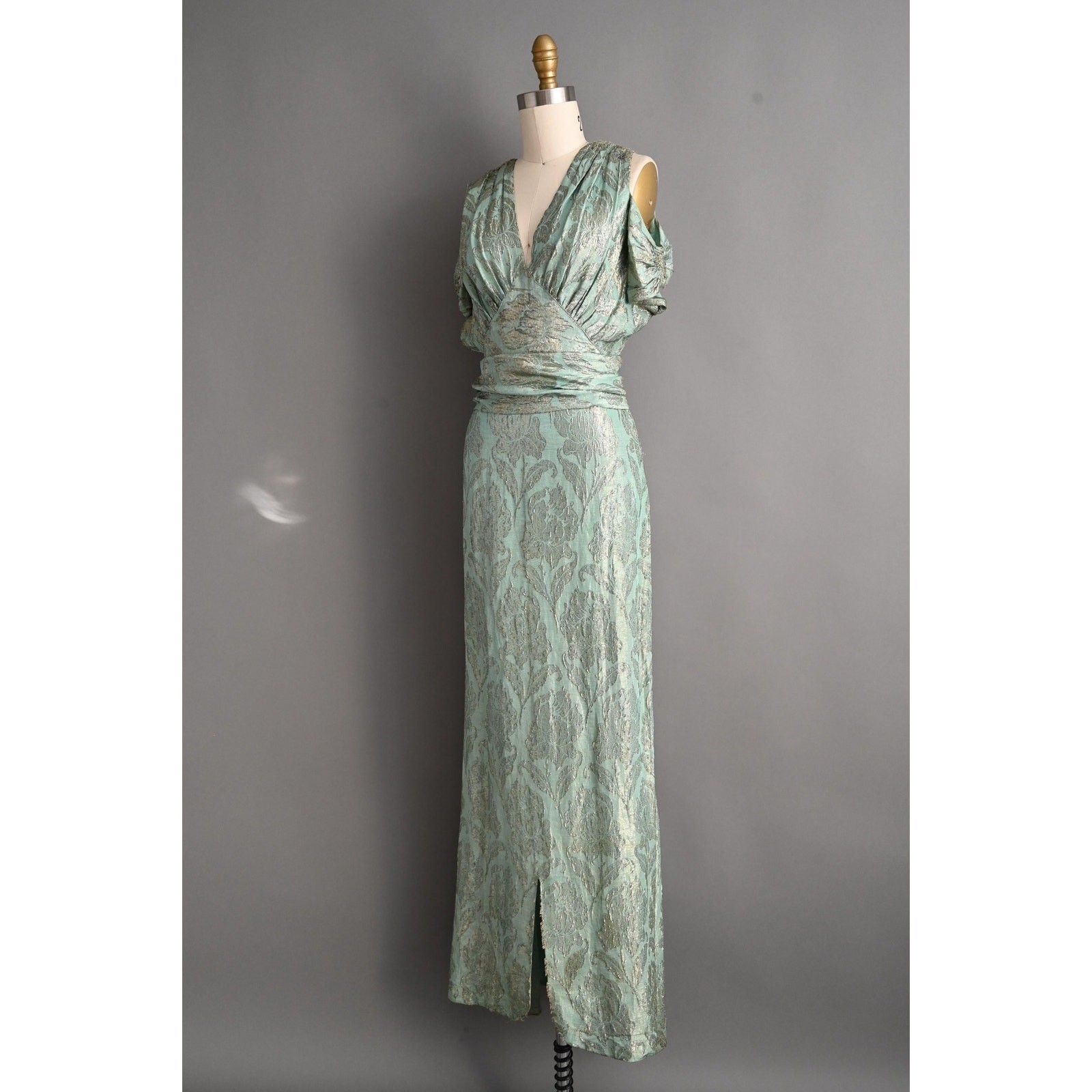Vintage 1930s Dress | Rare Antique Mint Green Silver Lamé Party Gown | XS Small image 6