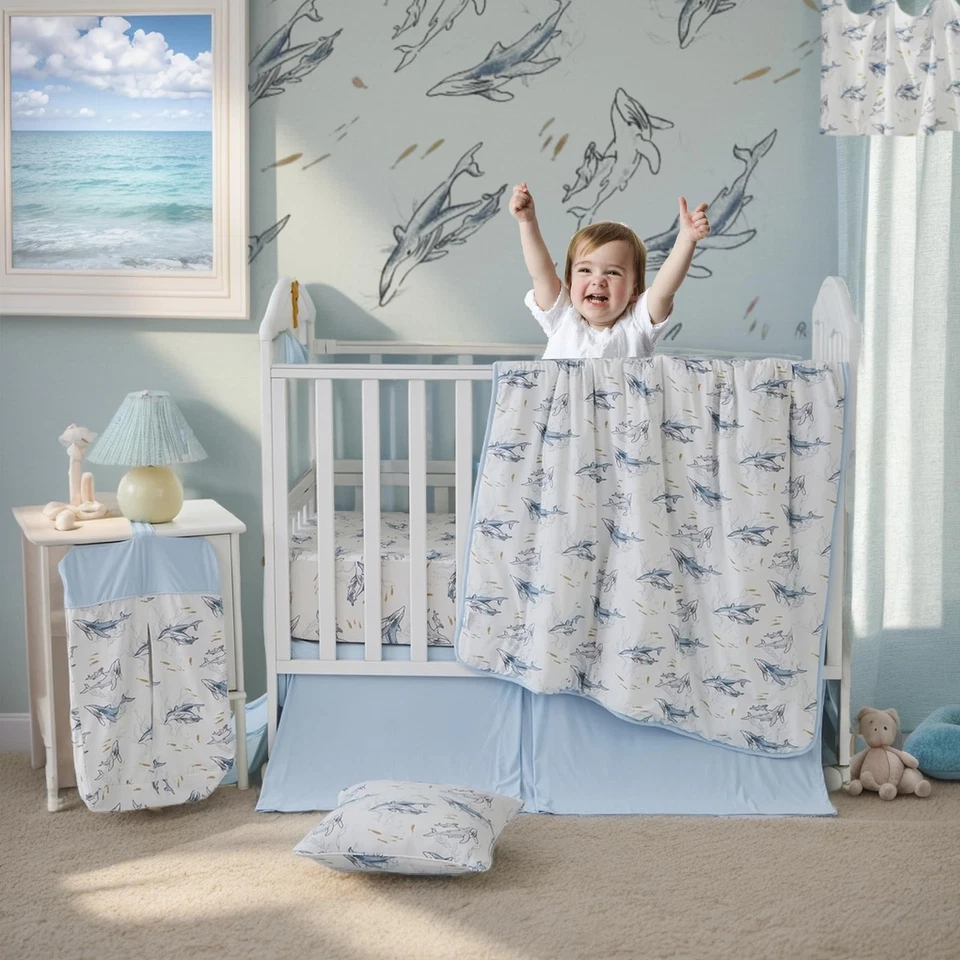 Juego de cama de cuna para niños y niñas Ocean Whale Family Baby 6 piezas elástico... Foto 2 de 4