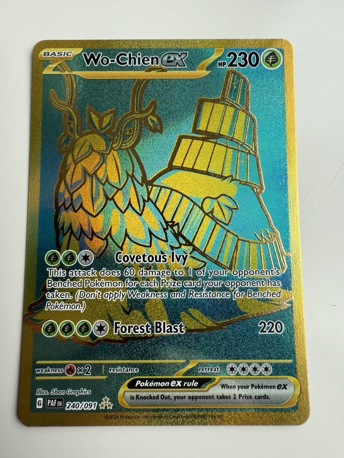 Wo-Chien ex 240/091 2024 Paldean Fates Pokemon Card Gold Hyper Rare Holo - Nm