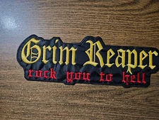 GRIM REAPER, rock you to hell,SEW ON GOLDEN AND RED EMBROIDERED LARGE BACK PATCH