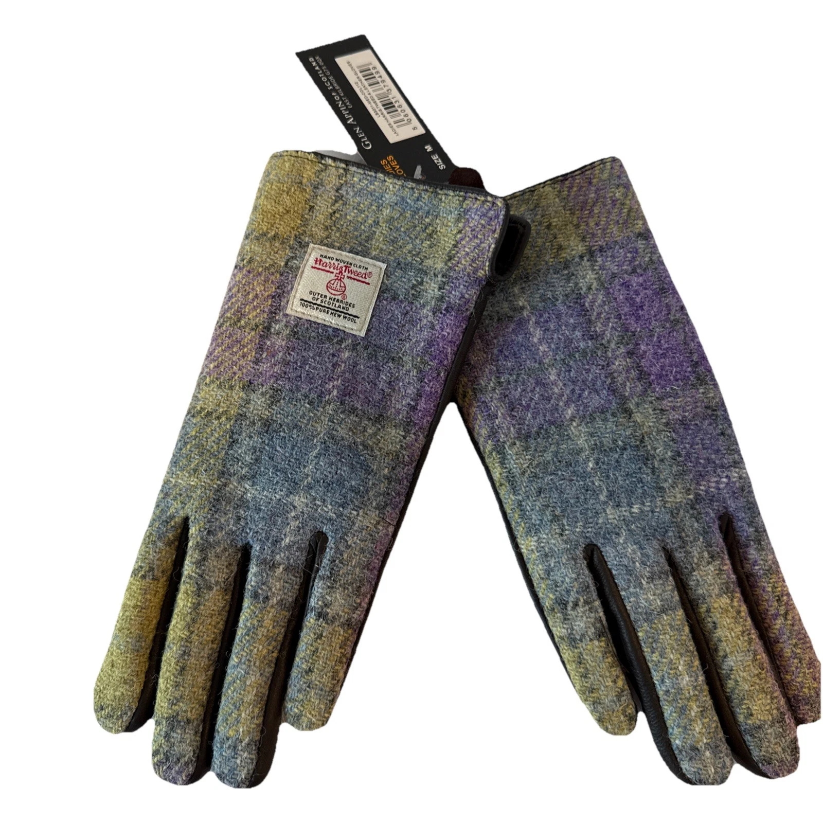 Women’s Luxury Brown Leather & Harris Tweed Gloves Lilac Green Check In Gift Box