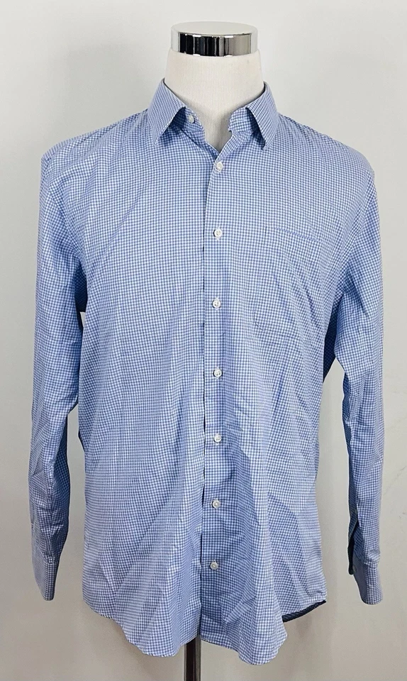 Nordstrom 16.5 34/35 Trim Fit Wrinkle Free Dress Shirt Blue White Plaid Cotton - Image 2 of 4
