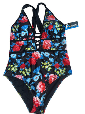 Flatter Me womans plus size one piece swim suit 3XL floral print black lined