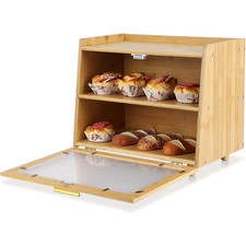 Double Layer Bread Box Natural, Farmhouse Large Bread Bin W/ Wavy Acrylic Doors