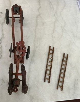 Vintage Cast Iron Horse Drawn Fire Wagon Hook and Ladder Toy W/ Both Ladders