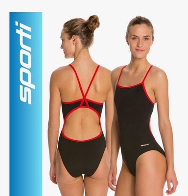 Sporti HydroLast Solid Thin Strap One Piece Swimsuit/Bathing Suit red Black 30