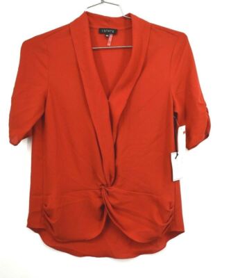1 State Womens Orange Surplice Neck Twisted Cinch Elbow Sleeve Top Blouse XS