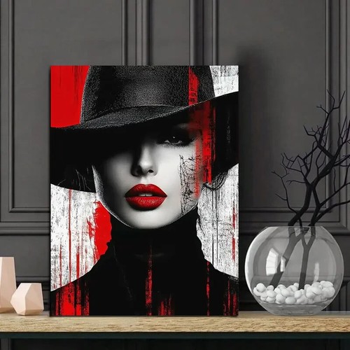Chic Woman with Black Hat and Red Lipstick Painting Metal Print Ready to Hang - Picture 3 of 7
