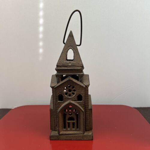 Vintage & Rare Cast Iron Cathedral Church Tower Candle Holder Hanging Lantern - Picture 1 of 8