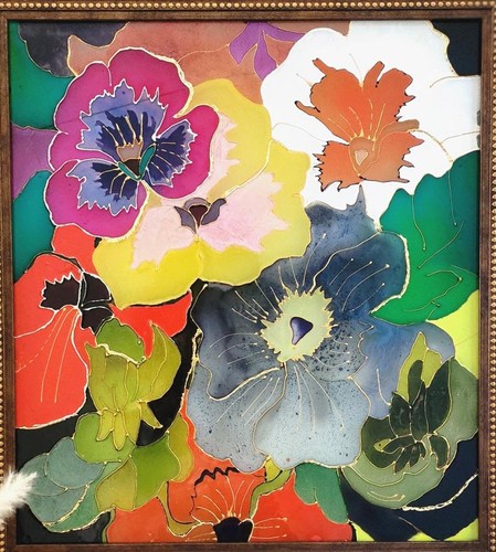 Flores hechas a mano pintura de vidrio arte de pared ramo de flores dorado enmarcado - Imagen 6 de 7
