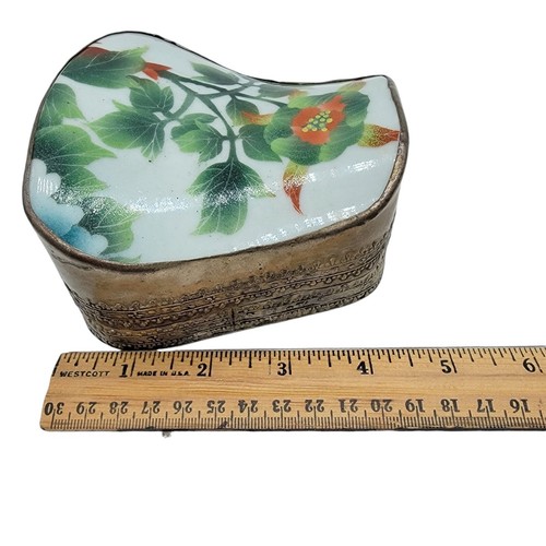 Vintage Chinesische Versilberte Schmuckschatulle Porzellan Scherbendose mit Blumenmuster - Bild 7 von 9