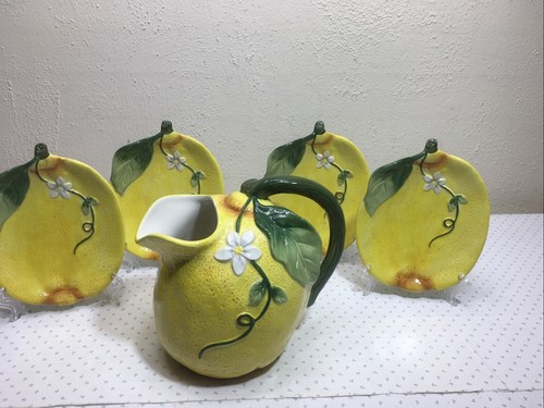 Vtg Yellow Lemon Shaped Fruit Juice Water Pitcher Citrus Textured W/ Plates#60