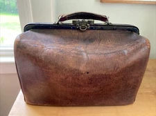 Rare  Authentic Antique Doctor’s Brown Bag With Leather Handle & Brass Accents