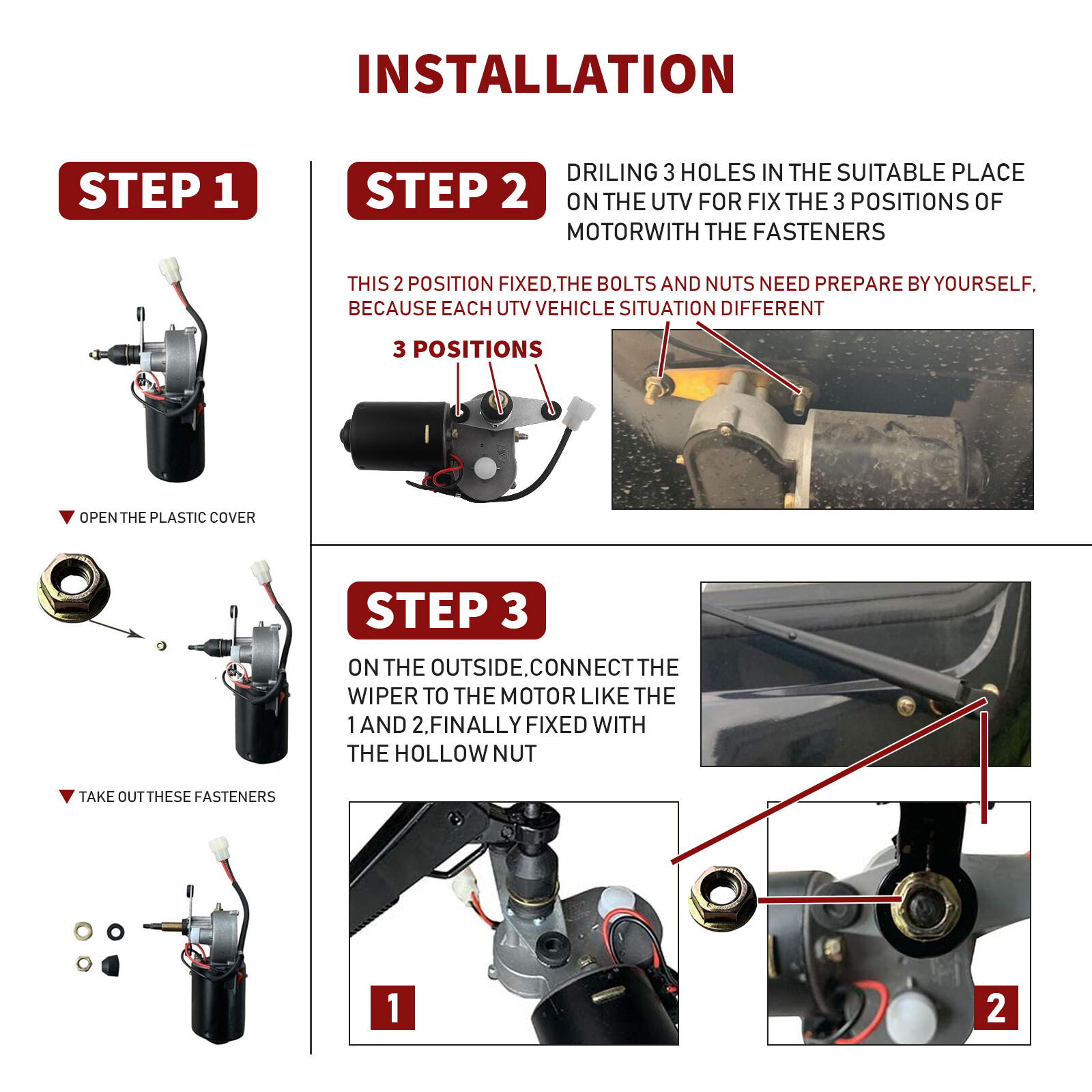 UTV 12V Electric Windshield Wiper Motor Kit For Polaris RZR Kawasaki US - Foto 5