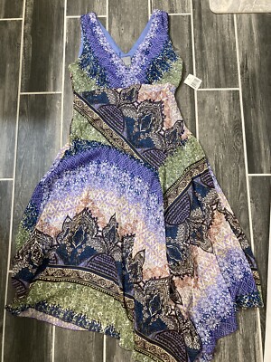 sleeveless layered dress THML Blue Multi Abstract Print Frill Split V Neck Sleeveless Tiered Dr –  SSYS main image 1
