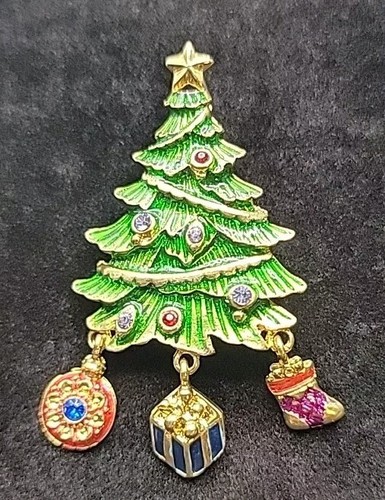 Christopher Radko Brooch Christmas Tree Vintage Rhinestone Enamel EUC Signed - Picture 1 of 4