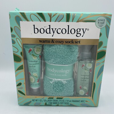 Bodycology Warm & Cozy Cucumber Melon Sock Set Body Cream Fragrance Mist Spray