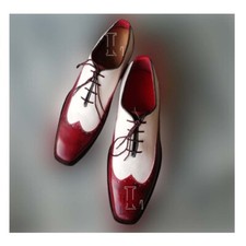 Handmade Men's Burgundy White Wing Tip Lace Up Genuine Leather Shoes, Sale !!!
