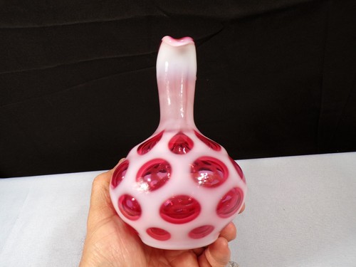Fenton Cranberry Opalescent Glass Coin Dot Cruet w/ Stopper - Picture 5 of 10