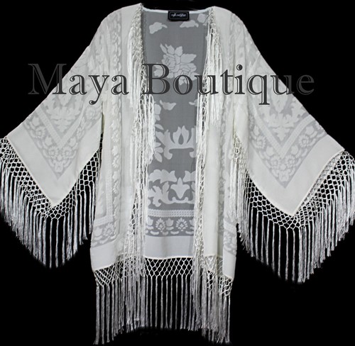 Maya Matazaro Elfenbein Fransen Jacke Kimono Kurzmantel Seide Ausbrenner Samt - Bild 7 von 8