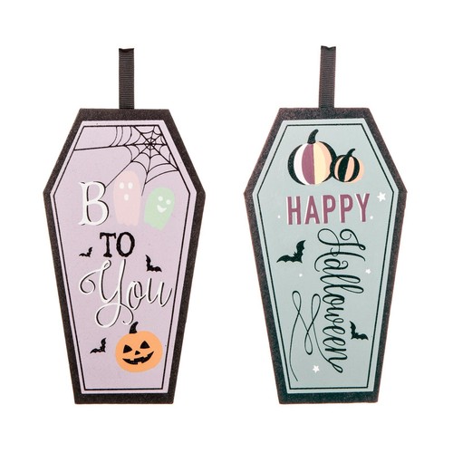 Halloween Decoration Hanging Coffin Sign w Message Wooden 18cm Set of 2 HA248918 - Picture 2 of 4